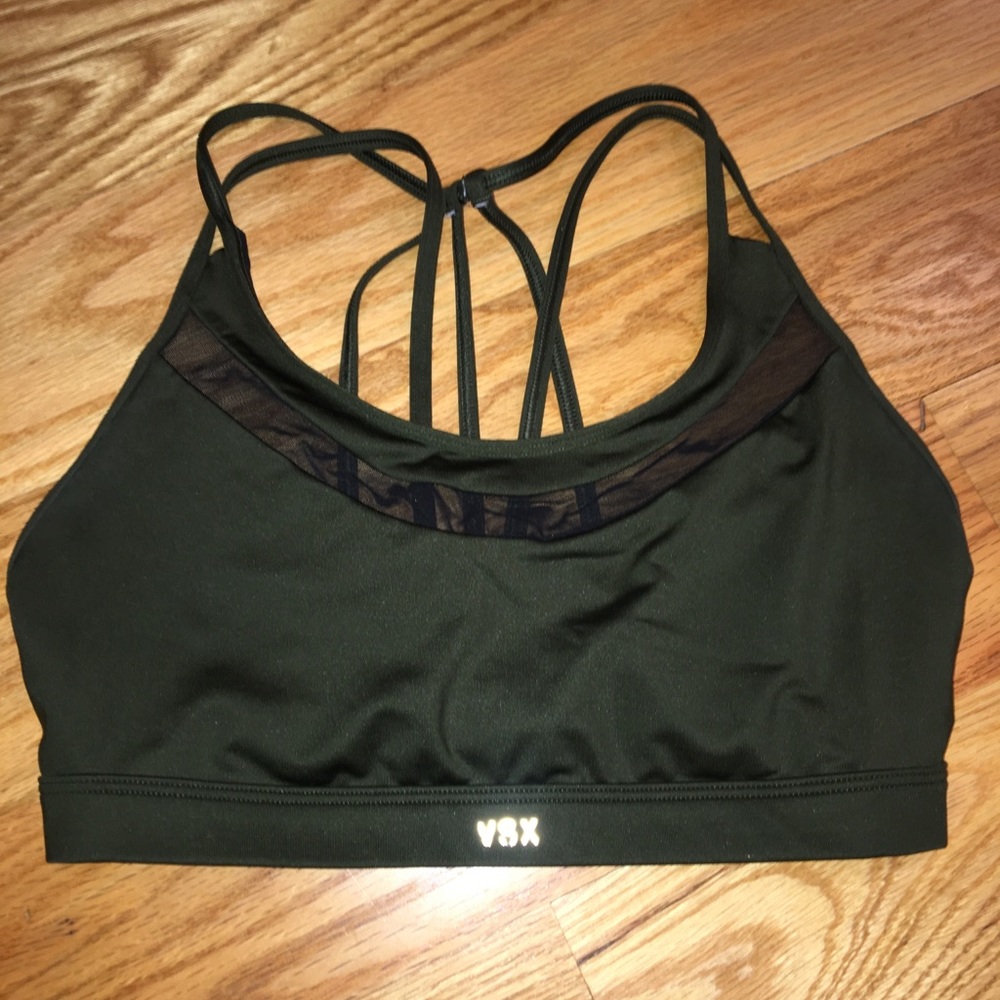 Dark green strappy sports bra with mesh